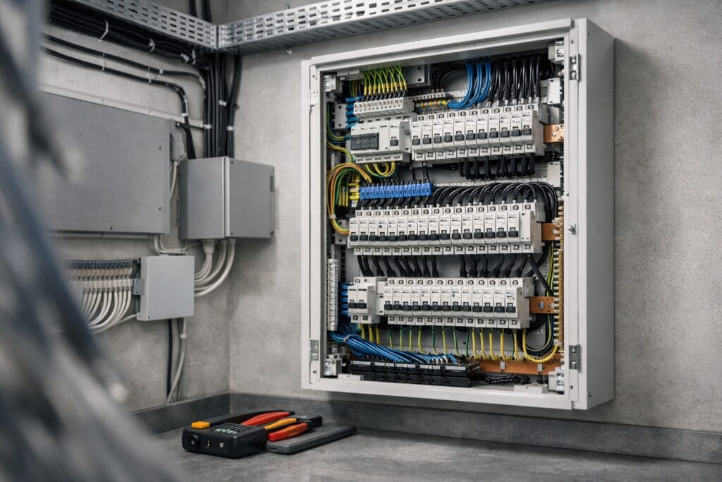 IEC 60364 – nowoczesna rozdzielnica elektryczna z zabezpieczeniami, uziemieniem i uporządkowanym okablowaniem