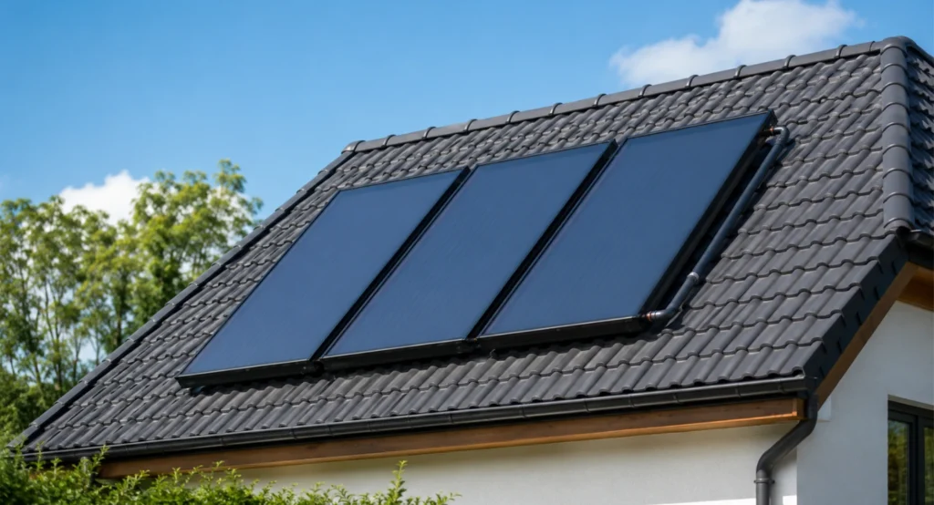 Kolektory słoneczne na dachu i zasobnik CWU w instalacji solarnej